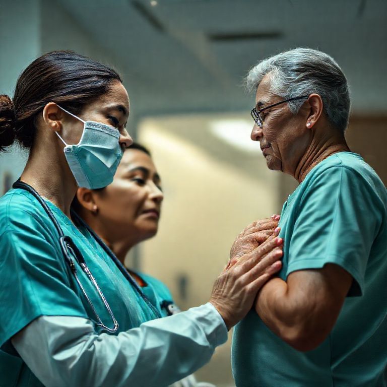 Enfermeira contando frequência respiratória de paciente.