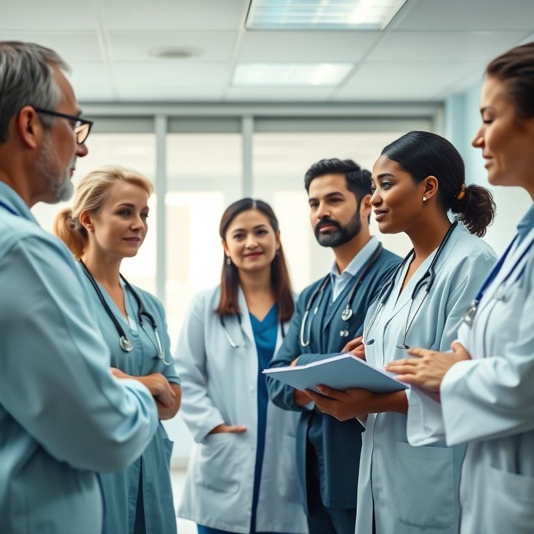 Equipe médica diversa discutindo a prevenção e tratamento da tuberculose em clínica moderna.