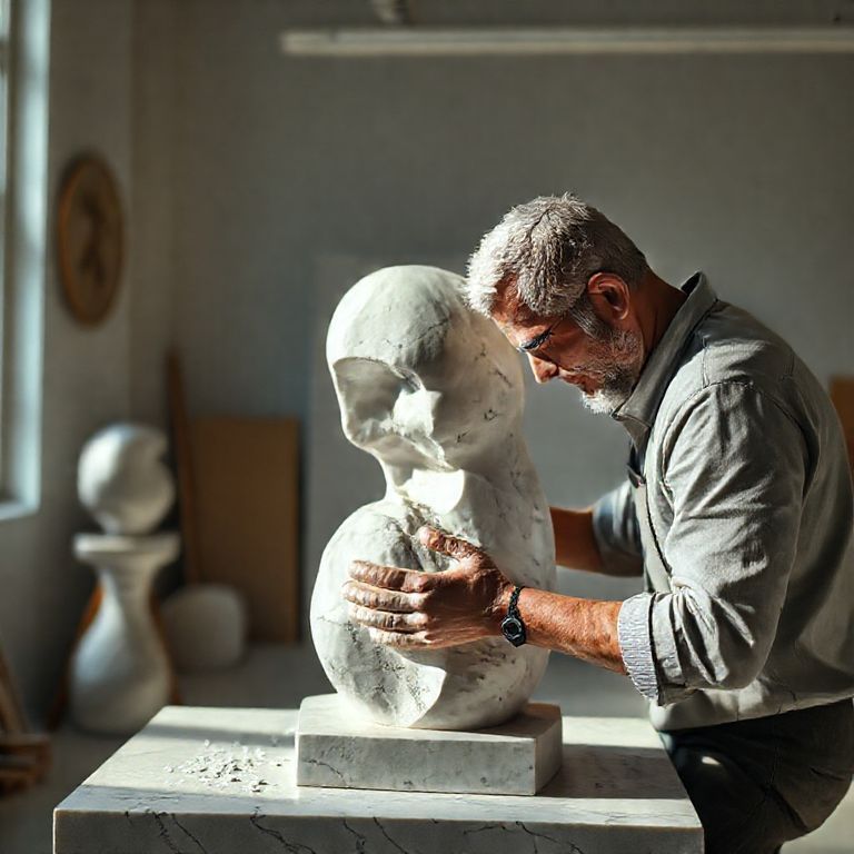 Escultor trabalhando em peça de arte moderna em mármore.