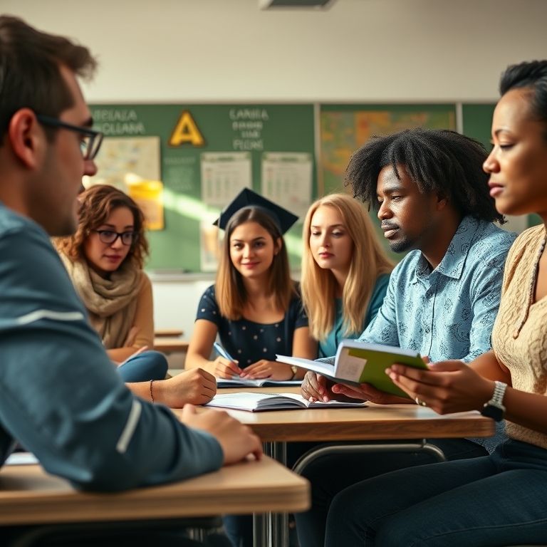 Estudantes diversos em sala de aula brasileira discutindo gêneros textuais.