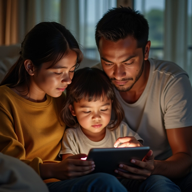 Família brasileira analisando dados da PNAD sobre renda e moradia.