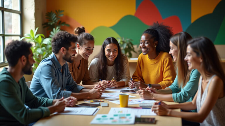 Grupo diverso fazendo brainstorming para aprimorar textos.