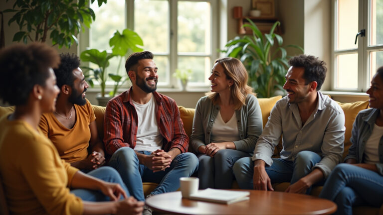 Grupo de apoio diverso sorrindo em recuperação de vícios.
