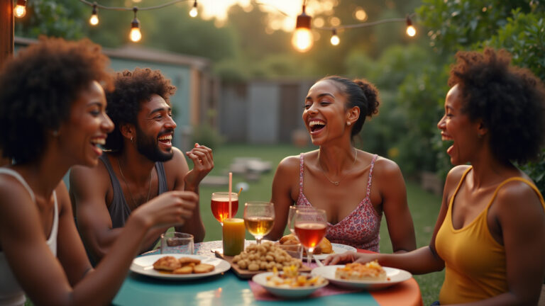 Amigos brasileiros se divertindo com adivinhas em churrasco.