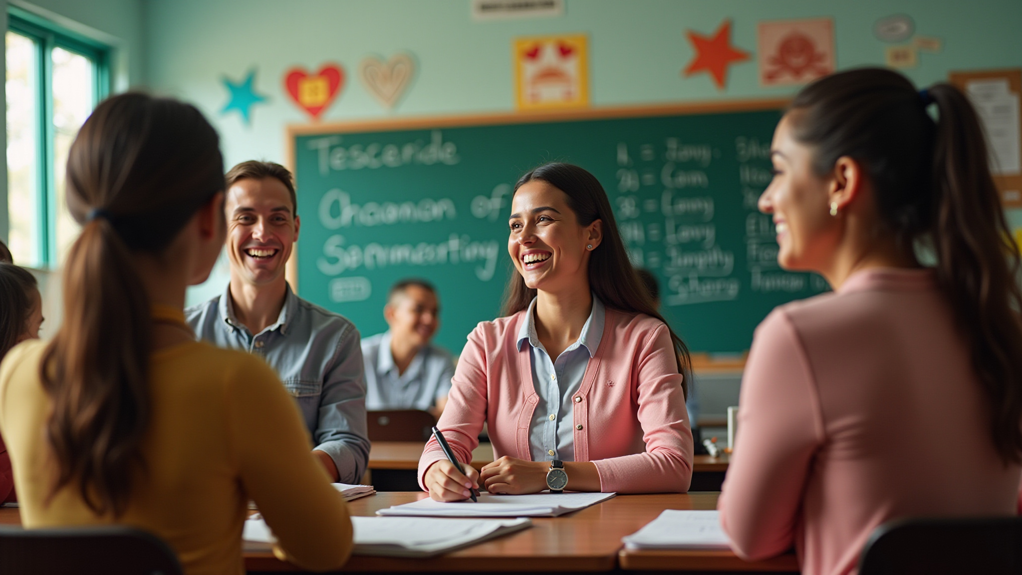 Professores diversos comemorando o Dia do Professor em sala de aula vibrante.
