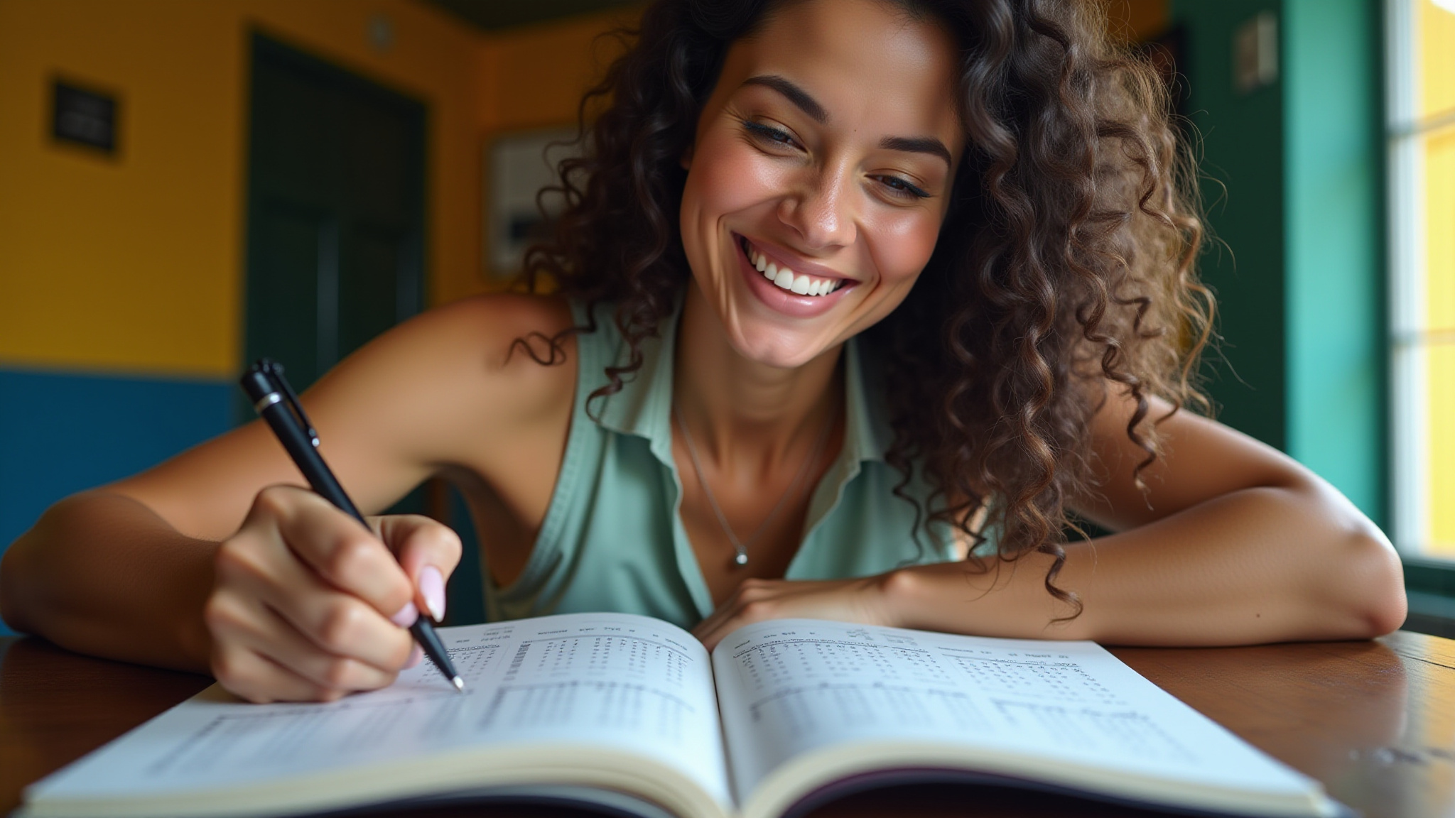 Mulher convertendo números romanos em arábicos com sorriso.