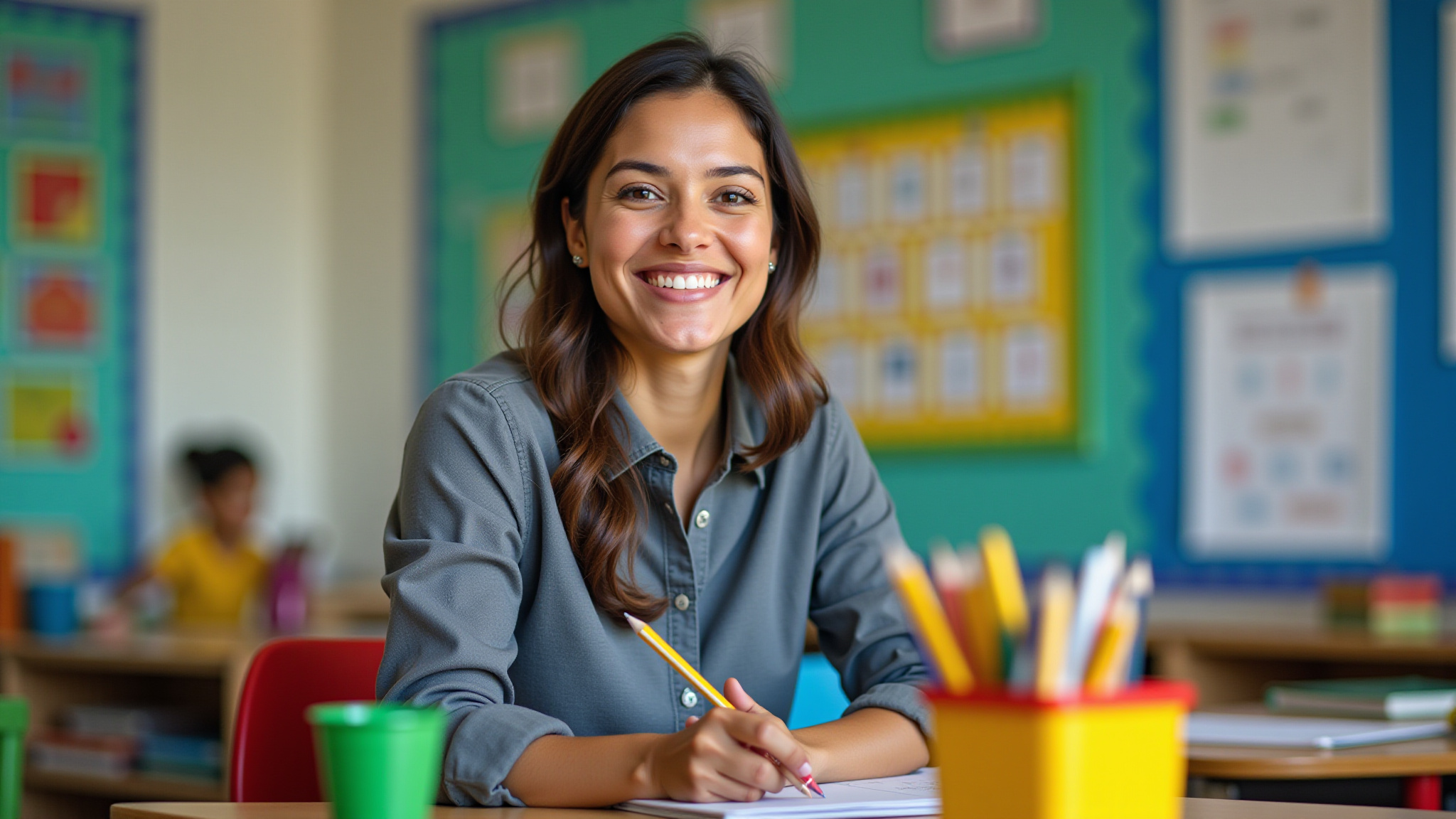 Professora sorrindo em sala de aula colorida com materiais de alfabetização.