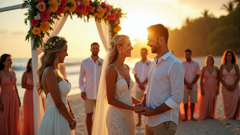 Casamento vibrante na praia, Brasil, com decoração tropical e noivos sorrindo.
