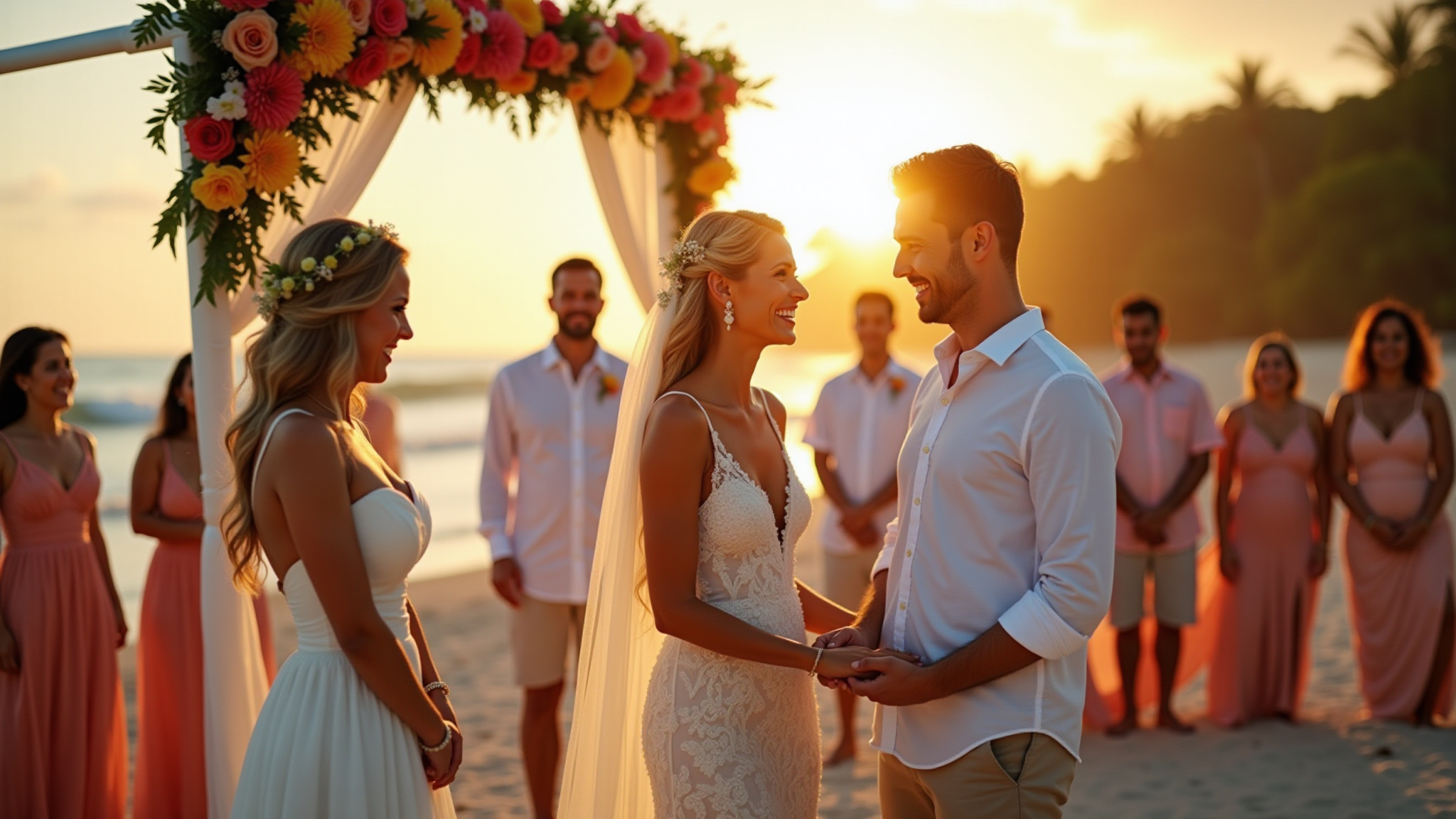 Casamento vibrante na praia, Brasil, com decoração tropical e noivos sorrindo.
