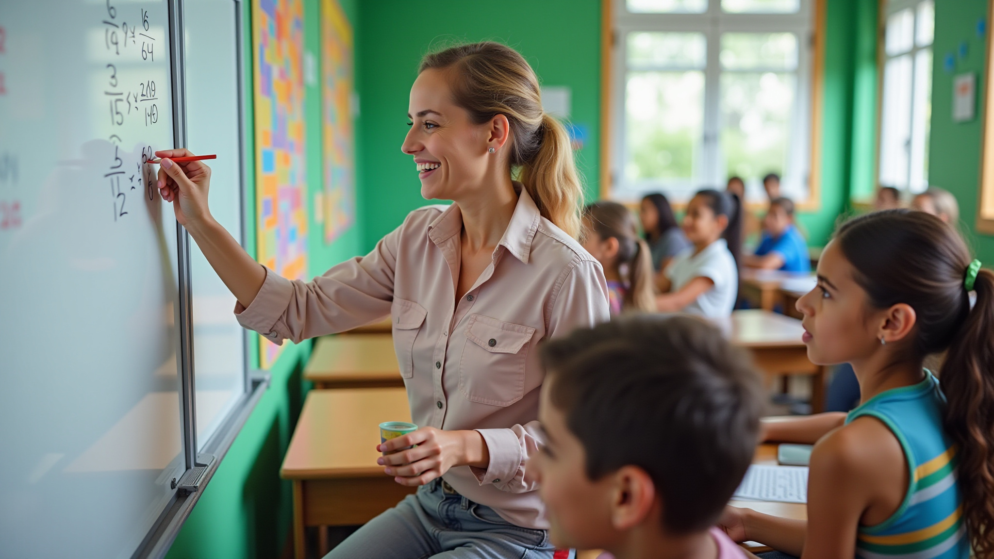 Professora ensinando matemática de forma divertida para alunos do 5º ano.