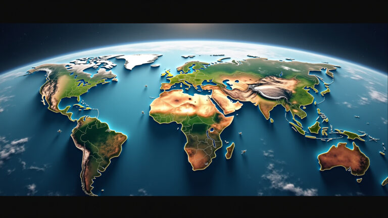 Ilustração dos sete continentes da Terra vistos do espaço.