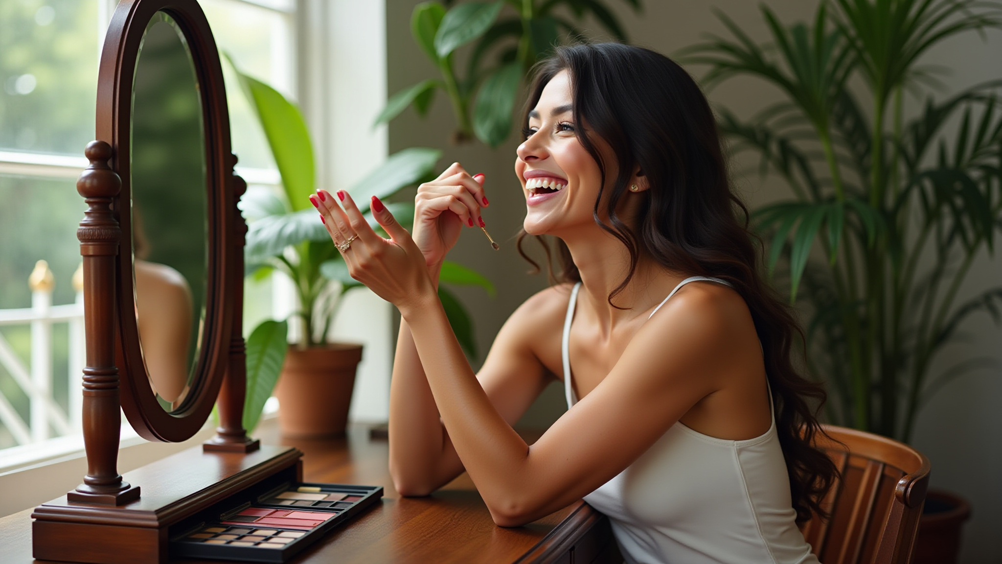 Mulher sorrindo em frente a penteadeira vintage com maquiagem.