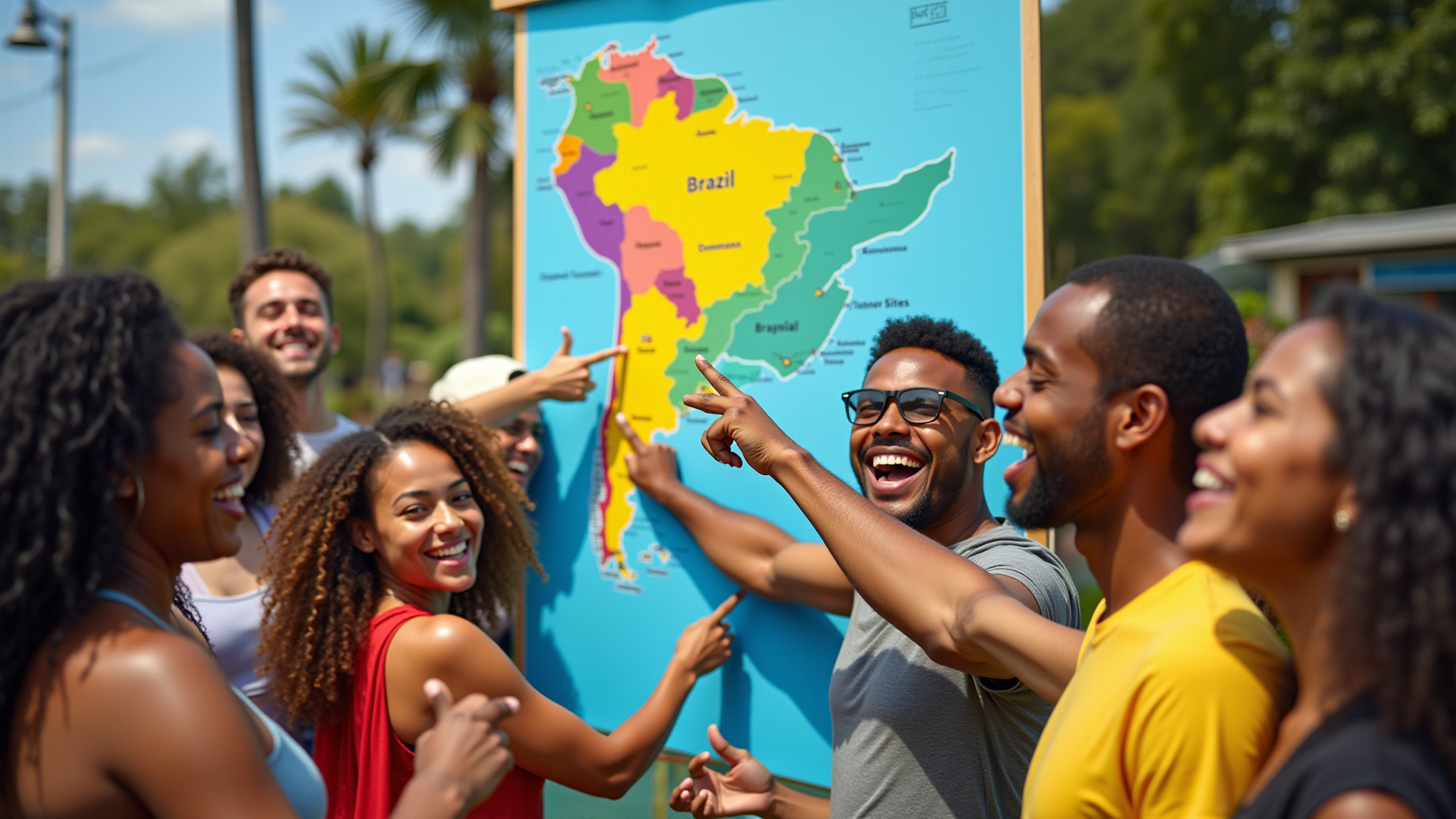 Mapa vibrante do Brasil com pessoas diversas celebrando os estados brasileiros.