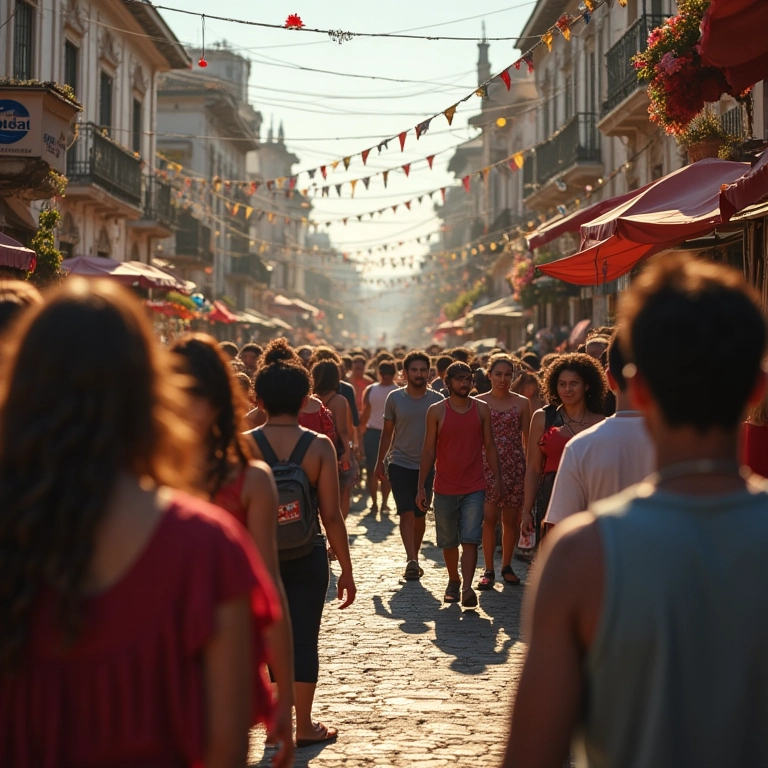 Feriado de São João em Olinda, Pernambuco, com mercado de rua e decoração tradicional.