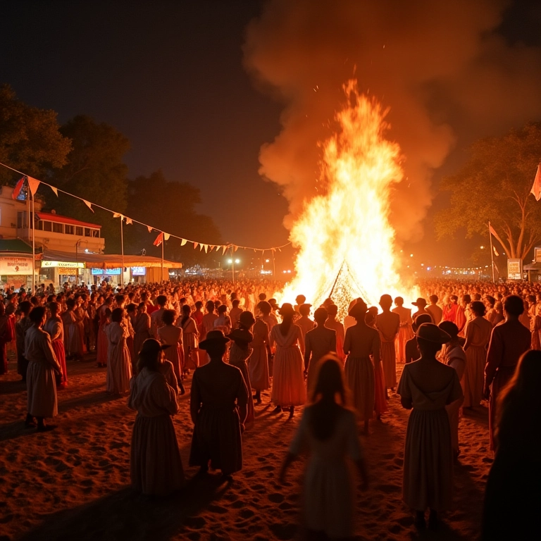 Festa de São João vibrante na Bahia com fogueira e pessoas em trajes típicos.
