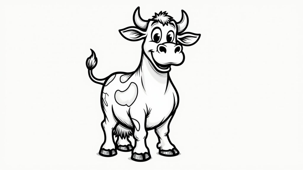 Desenho de vaca engraçada para colorir, com pose inusitada e expressão divertida.