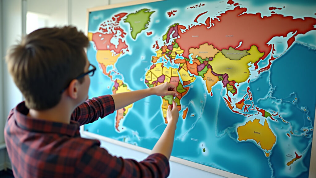 Geógrafo explicando os continentes em um mapa.