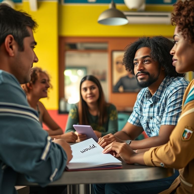 Grupo de brasileiros aprendendo inglês em café colorido, com foco na palavra 'would'.