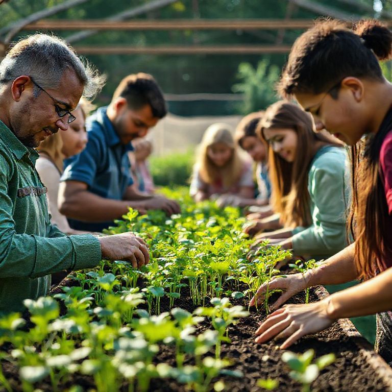 Grupo diversificado escolhendo mudas para a horta escolar.