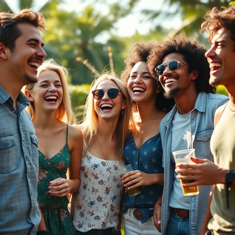 Grupo diverso de amigos aproveitando um dia ensolarado no Brasil.