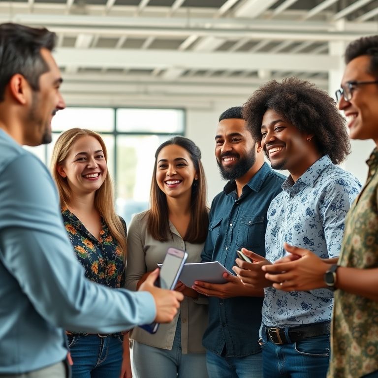 Grupo diverso de brasileiros colaborando em espaço de coworking, demonstrando inteligência emocional.