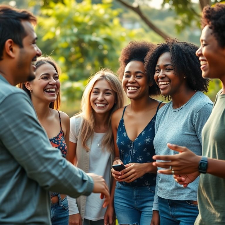 Grupo diverso de brasileiros interagindo em atividade de team-building, mostrando habilidades de relacionamento.