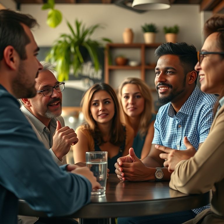 Grupo diverso debatendo ideias em um café brasileiro.