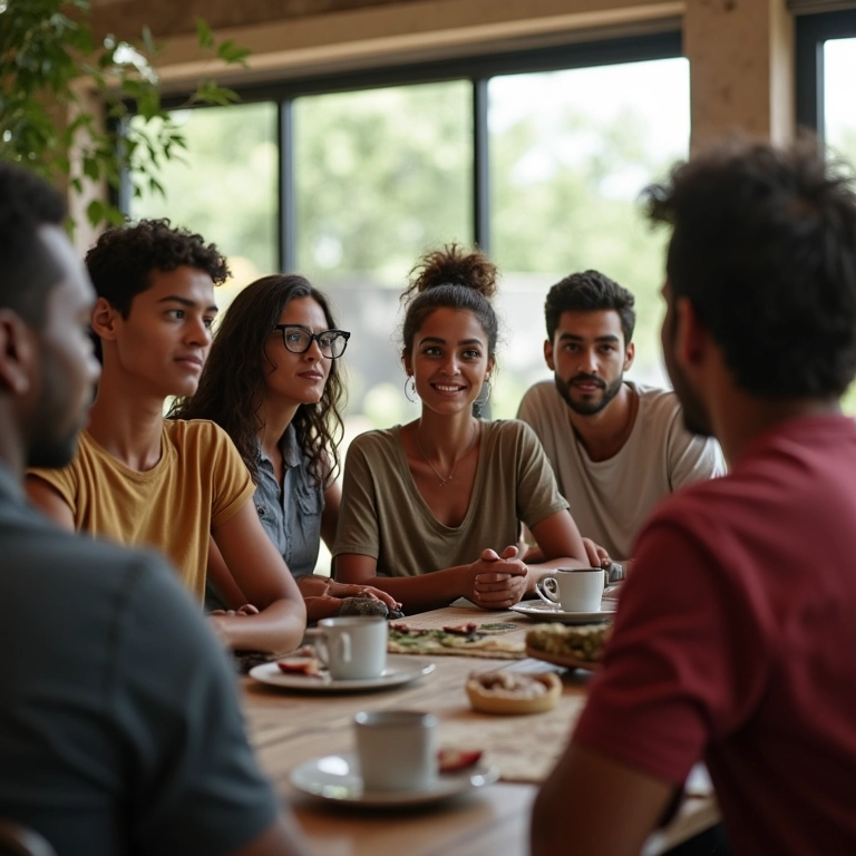 Grupo diverso debatendo valores morais em ambiente iluminado.