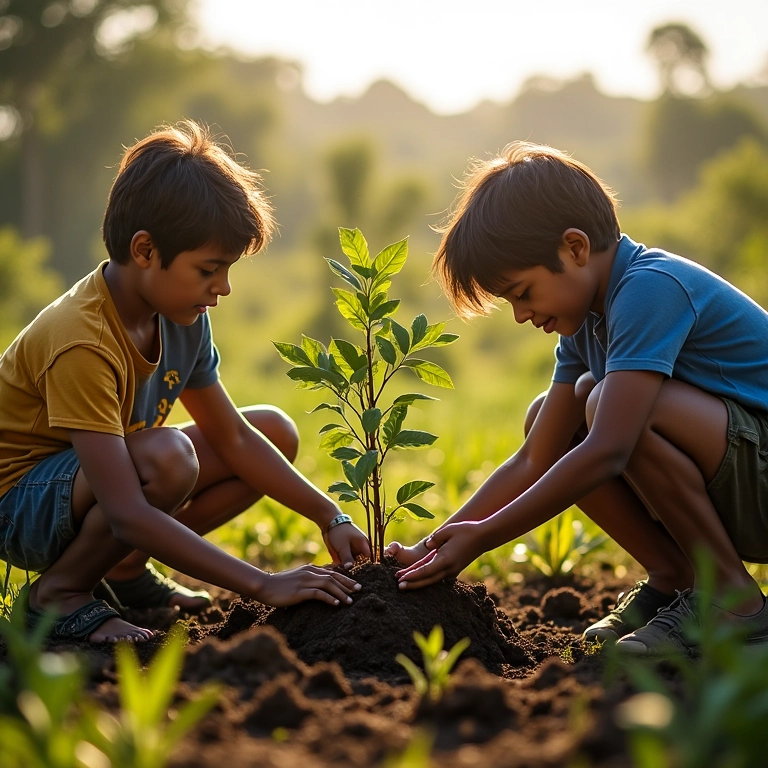Grupo diverso plantando árvores juntos em ato de solidariedade.