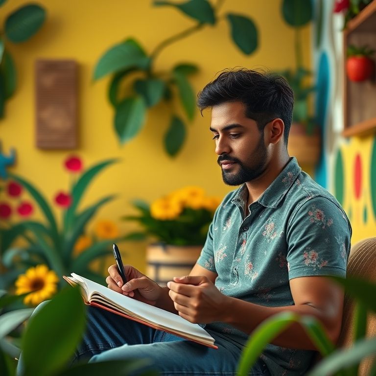 Homem brasileiro escrevendo em um diário em um quarto colorido, praticando autogestão.