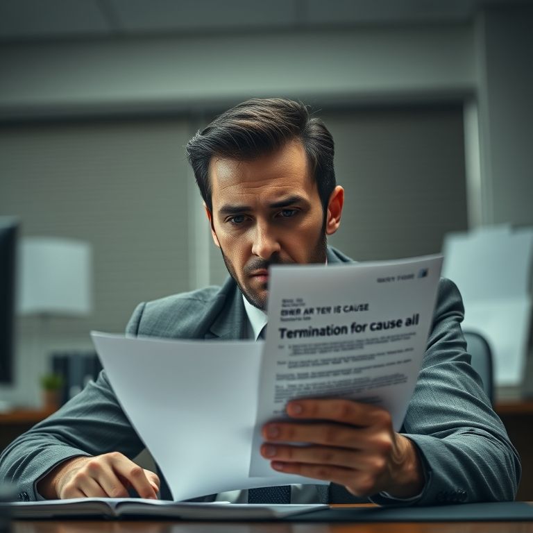 Homem cabisbaixo com carta de demissão por justa causa.