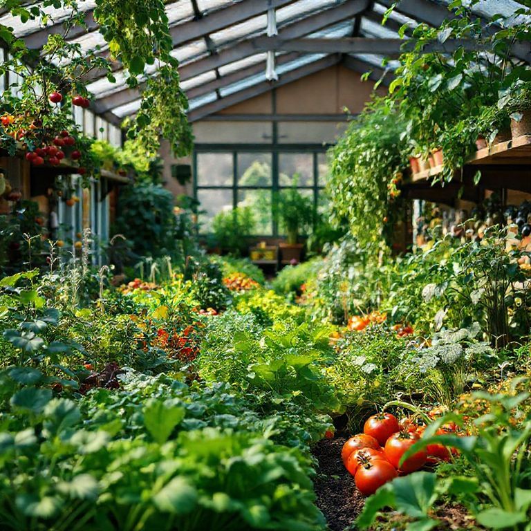 Horta escolar vibrante com diversos vegetais e ervas.