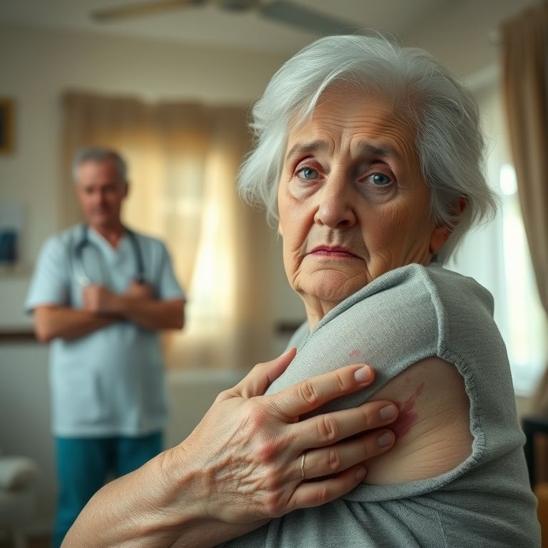 Idosa com hematomas no braço, sendo ignorada por cuidador, negligência.
