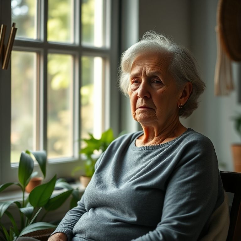 Idosa solitária sentada perto da janela, expressando preocupação.