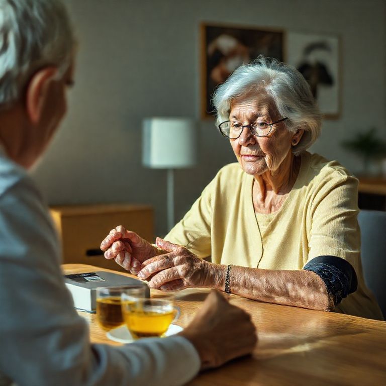 Idosa verificando a pressão arterial com chá de graviola ao lado.