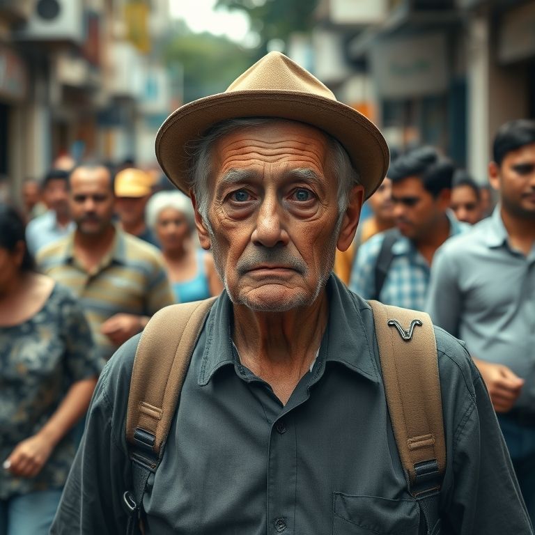 Idoso perdido em rua movimentada, simbolizando exposição ao perigo.