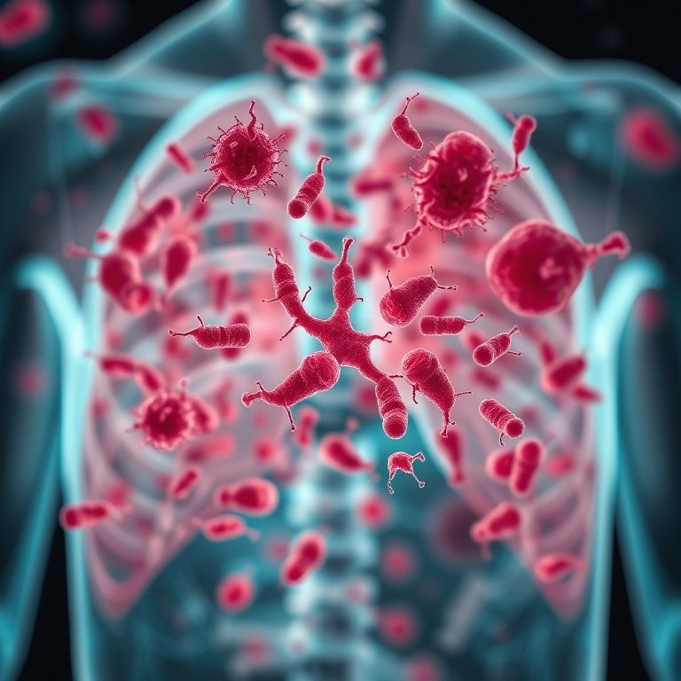 Imagem microscópica de bactérias da tuberculose disseminada (miliar) se espalhando pelo corpo.
