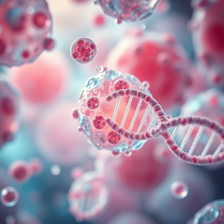 Imagem microscópica de células humanas com material genético visível.