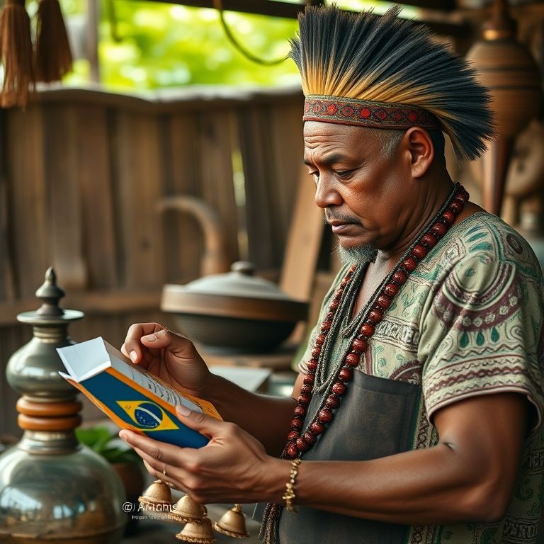 Indígena avaliando mercadorias europeias com desconfiança.