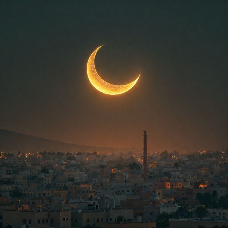 Lua crescente sobre uma cidade do Oriente Médio, representando o Calendário Islâmico.