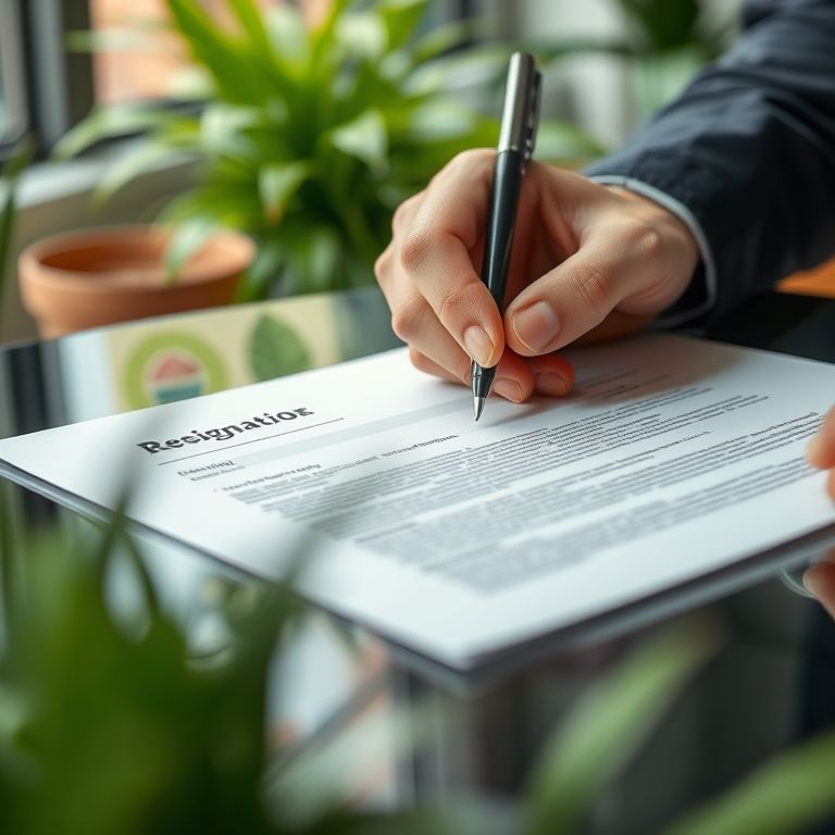 Mão assinando um pedido de demissão em ambiente de trabalho.