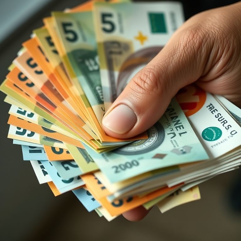 Mão contando notas de Real brasileiro, mostrando múltiplos de 5.