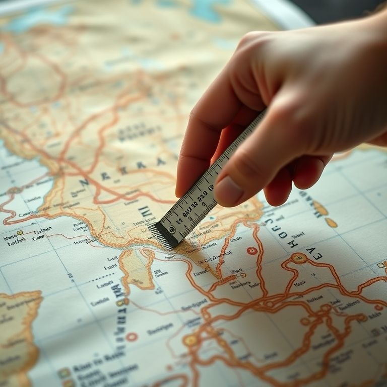 Mão medindo distância em um mapa com um compasso usando a escala gráfica.