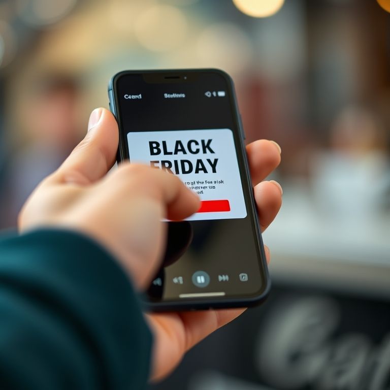 Mão segurando cartão de crédito ao lado de smartphone com alerta de oferta da Black Friday.