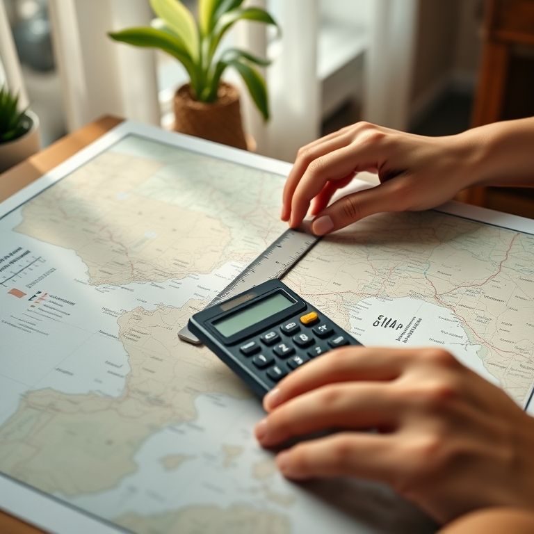 Mãos calculando a distância em um mapa usando uma calculadora e a fórmula da escala numérica.