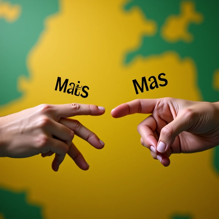 Mãos com 'Mais' e 'Mas' se alcançando, representando a escolha entre as palavras.