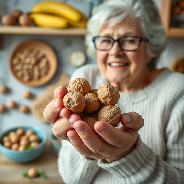Mãos femininas segurando nozes, alimentos ricos em cálcio ao fundo.