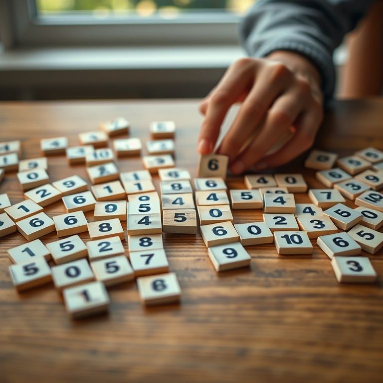 Mãos manipulando peças de números em madeira, representando divisores.