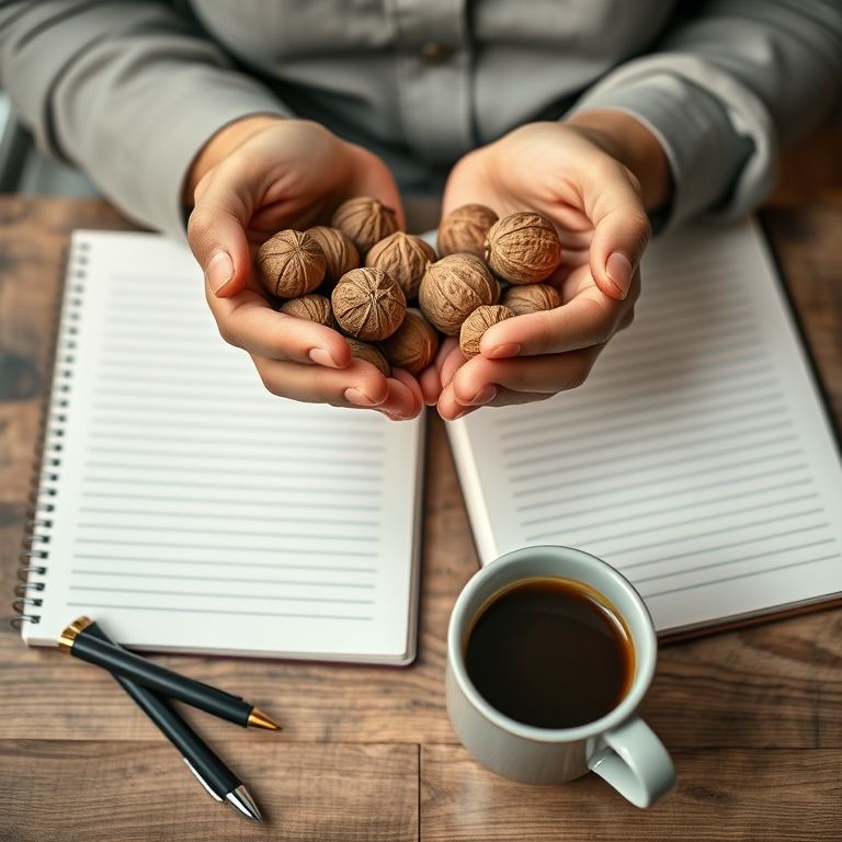 Mãos segurando nozes sobre uma mesa com caderno, caneta e café.