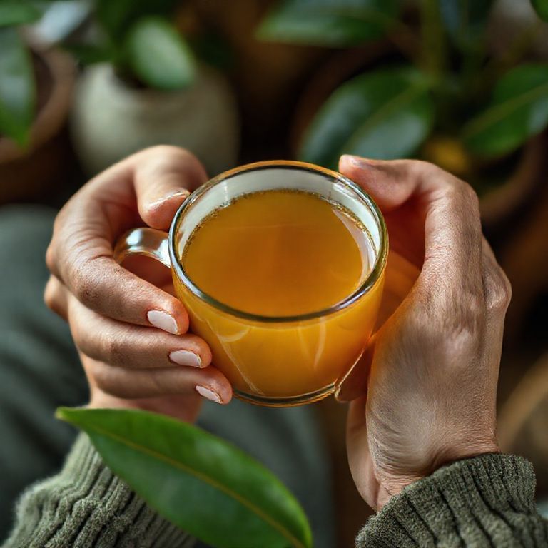 Mãos segurando xícara de chá de graviola, alívio anti-inflamatório.